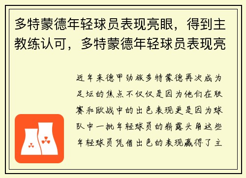 多特蒙德年轻球员表现亮眼，得到主教练认可，多特蒙德年轻球员表现亮眼,得到主教练认可
