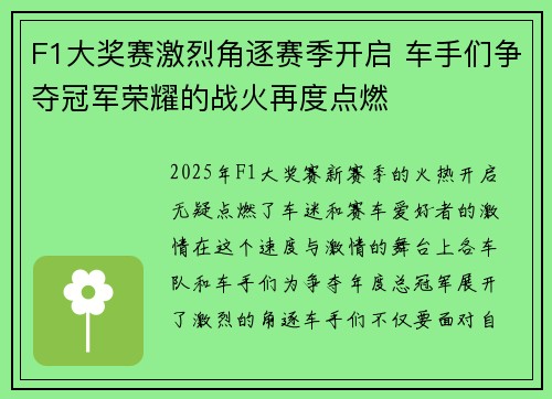 F1大奖赛激烈角逐赛季开启 车手们争夺冠军荣耀的战火再度点燃