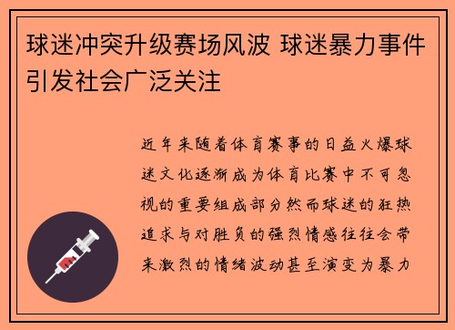 球迷冲突升级赛场风波 球迷暴力事件引发社会广泛关注